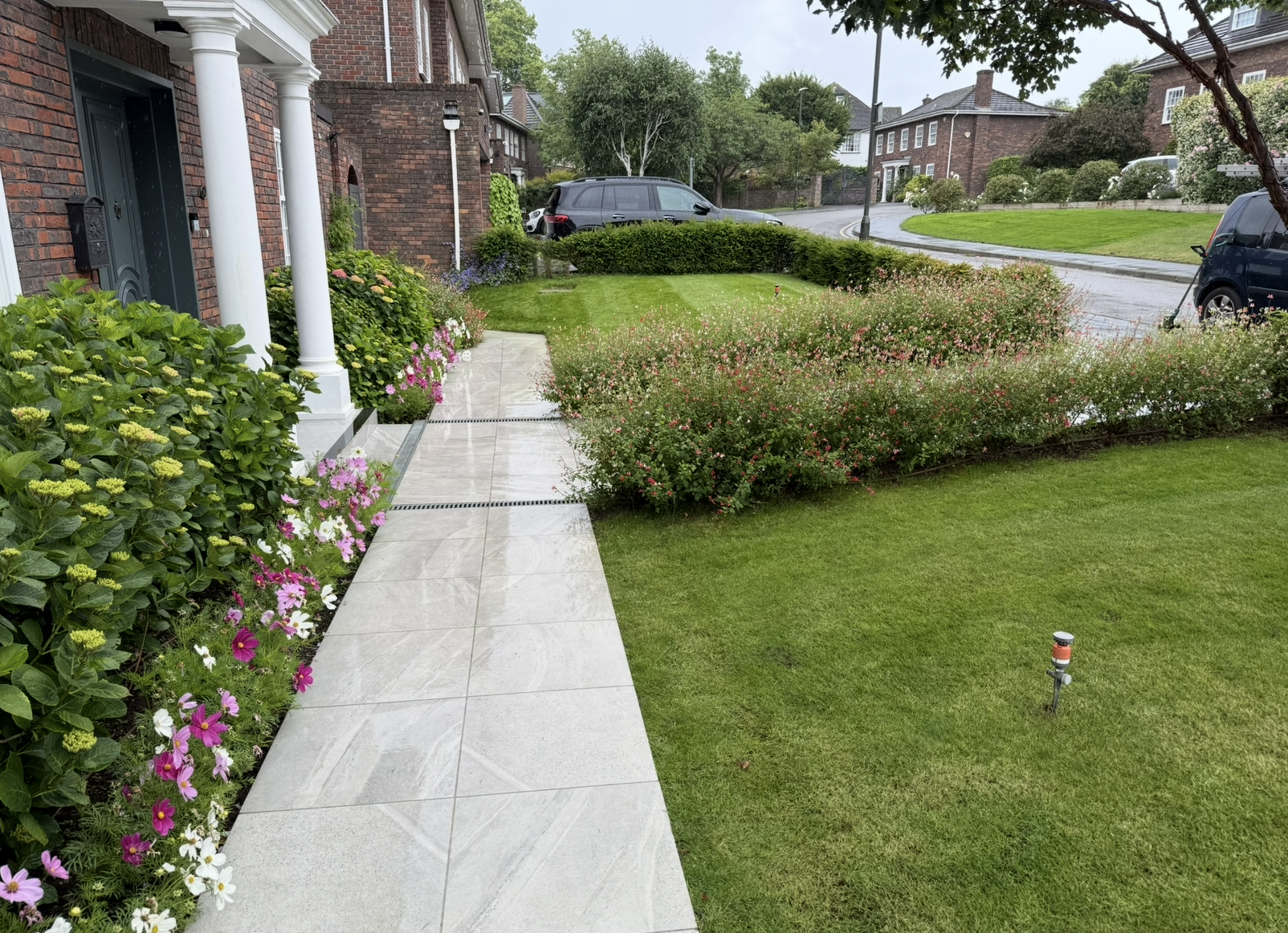 Front garden path, borders and lawn